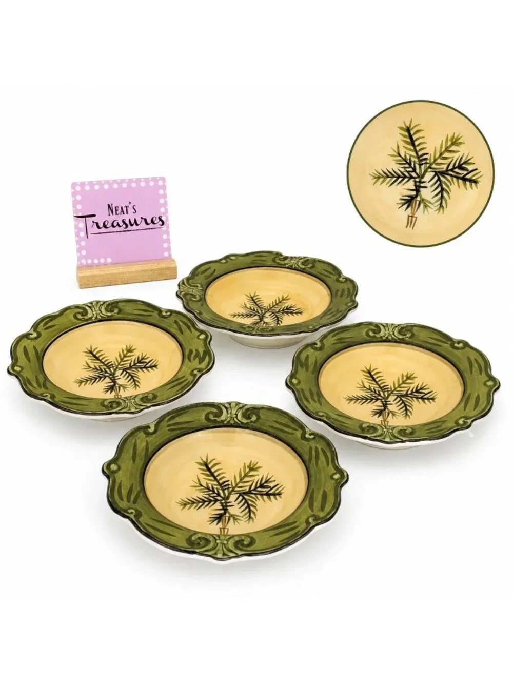 Sauvignon WEST INDIES  Green Rim Palm Tree Scalloped Large Rim Soup Bowls Set 4